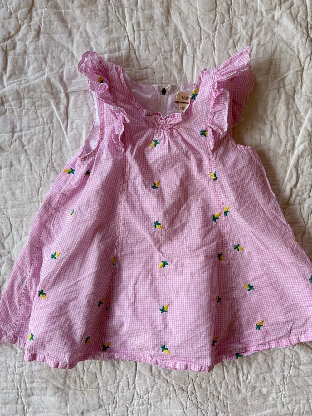 Pink Gingham Ruffle Sleeve Embroidered Dress Top, 24 months
